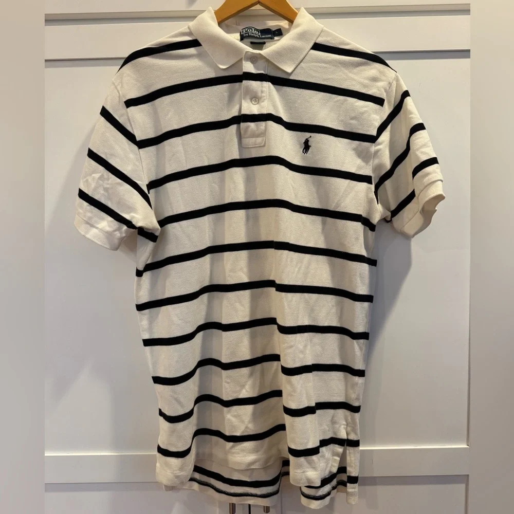 Ralph Lauren White Polo Shirt with Black Stripes L